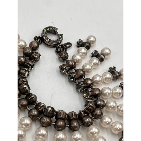 Lanvin White Faux Pearl Gray Crystal Beaded Toggle Antique Gunmetal Bracelet - Picture 6 of 10